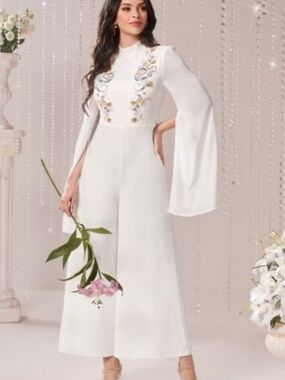 SHEIN White Embroidered Cape-Sleeve Wide-Leg Jumpsuit
